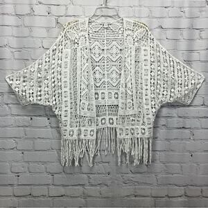 Tribal Jeans Crochet Cardigan Women's S/M White Open Front Boho Fringe Beachy